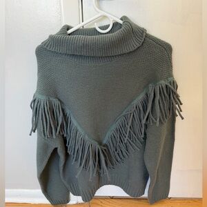 Olive Green Fringe Turtleneck Sweater | Size L | Western Boho Knit